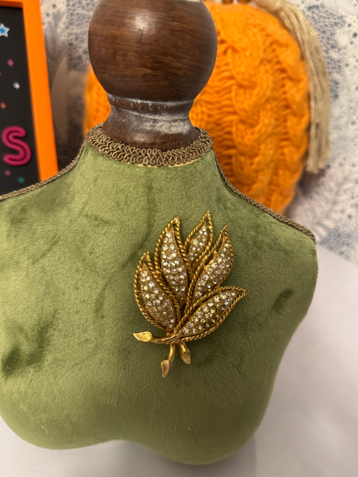 Vintage Hattie Carnegie Gold-Tone Leaf Brooch with Pavé Rhinestones | Mid-Century Designer Costume Pin