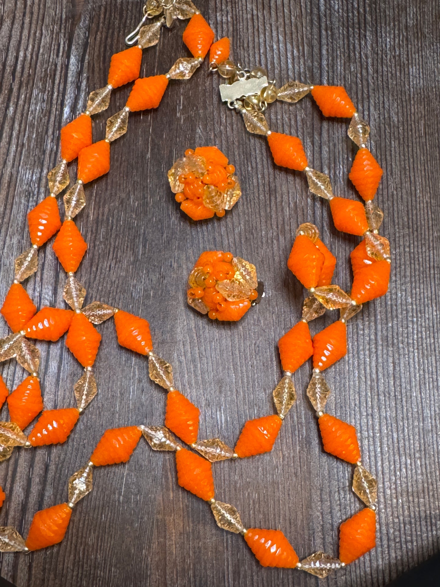 1960s Hong Kong Orange & Amber Plastic Bead Necklace and Clip Earrings Set