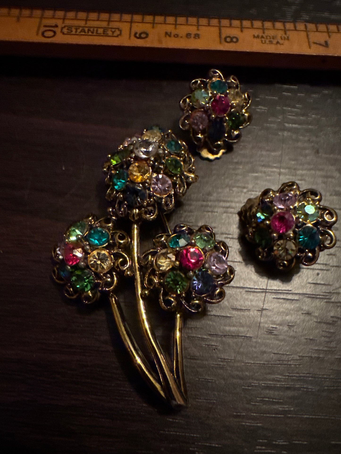 Vintage Hollycraft Brooch & Earrings Set | 1960s Multicolor Rhinestone Demi-Parure | Collectible Designer Jewelry