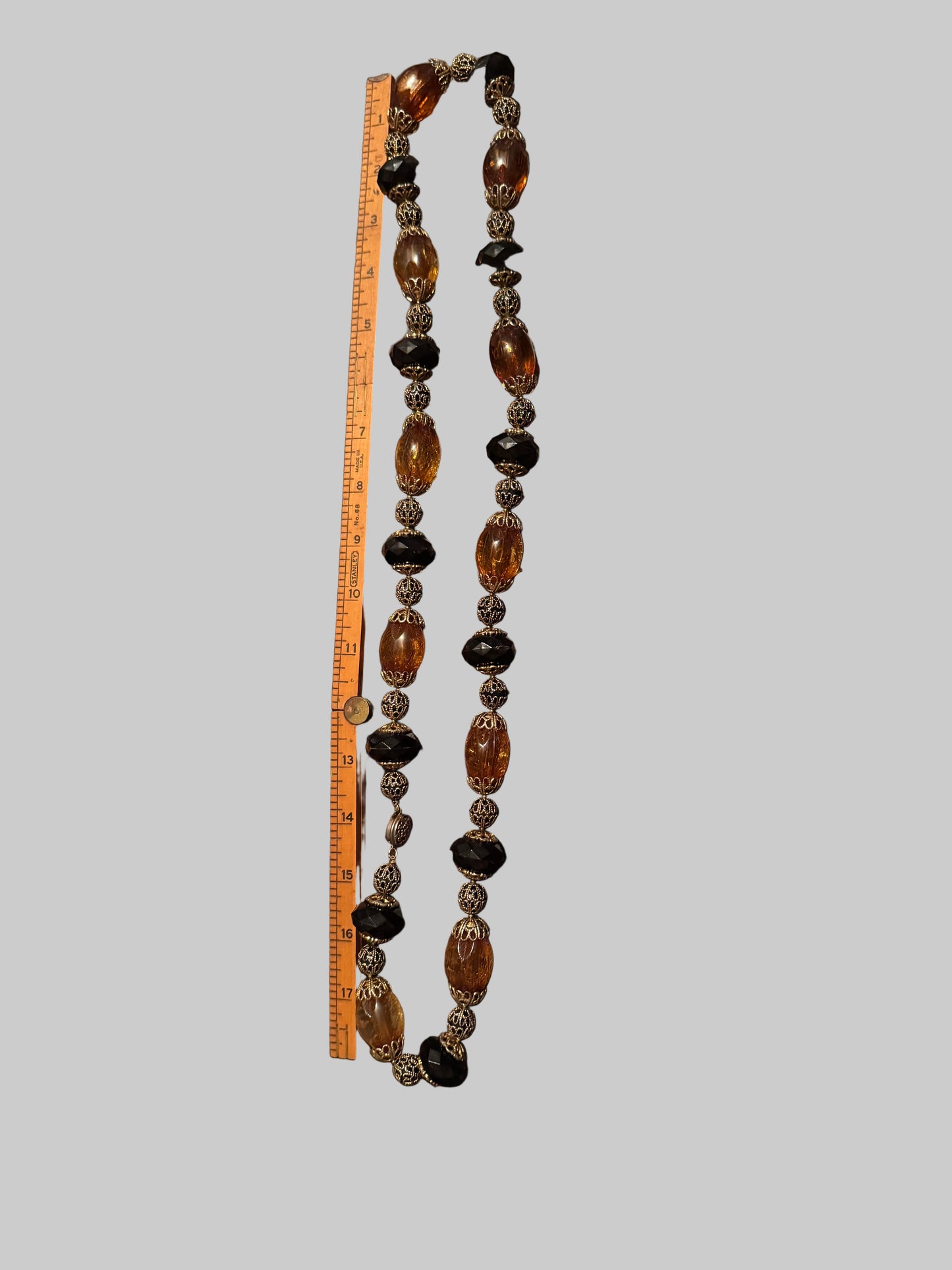 Vintage 60s 70s Amber Black Lucite Beaded Necklace Gold Filigree