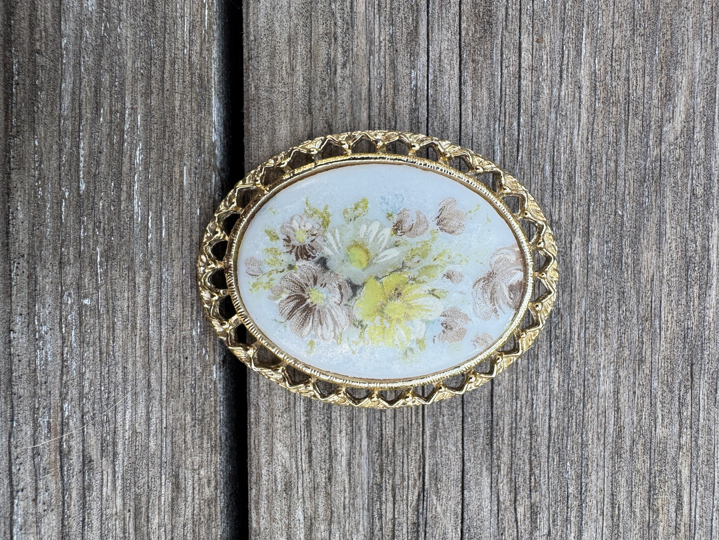 Vintage 1970s Hand-Painted Porcelain Floral Brooch