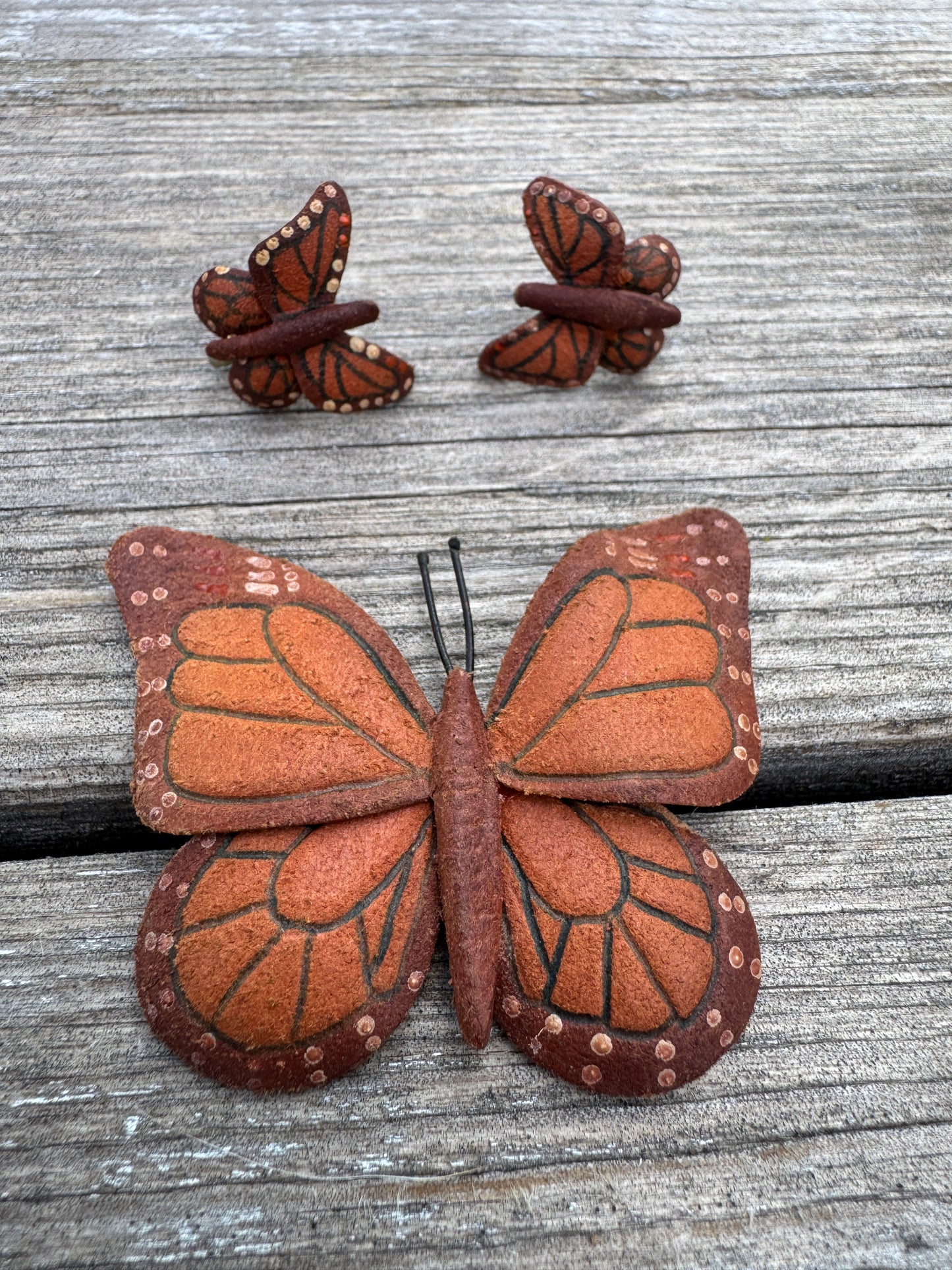 Vintage Leather Tooled Butterfly Brooch & Earring Set