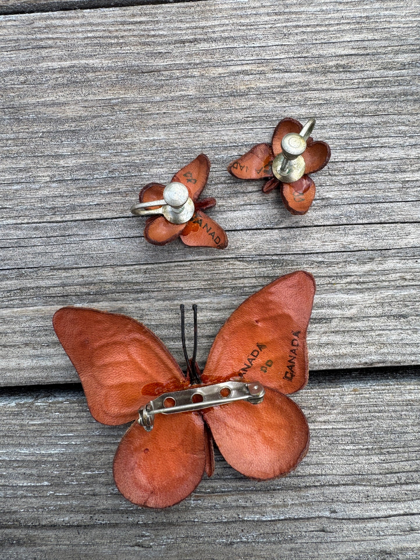 Vintage Leather Tooled Butterfly Brooch & Earring Set