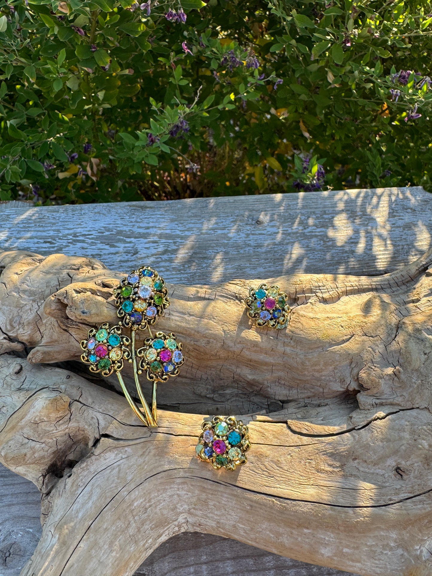 Vintage Hollycraft Brooch & Earrings Set | 1960s Multicolor Rhinestone Demi-Parure | Collectible Designer Jewelry