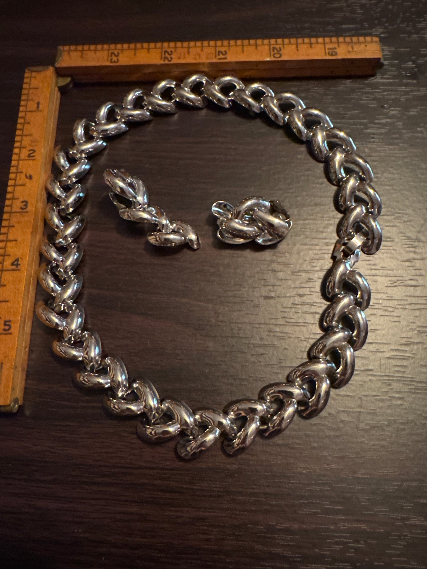 Vintage silver toned necklace, matching earrings