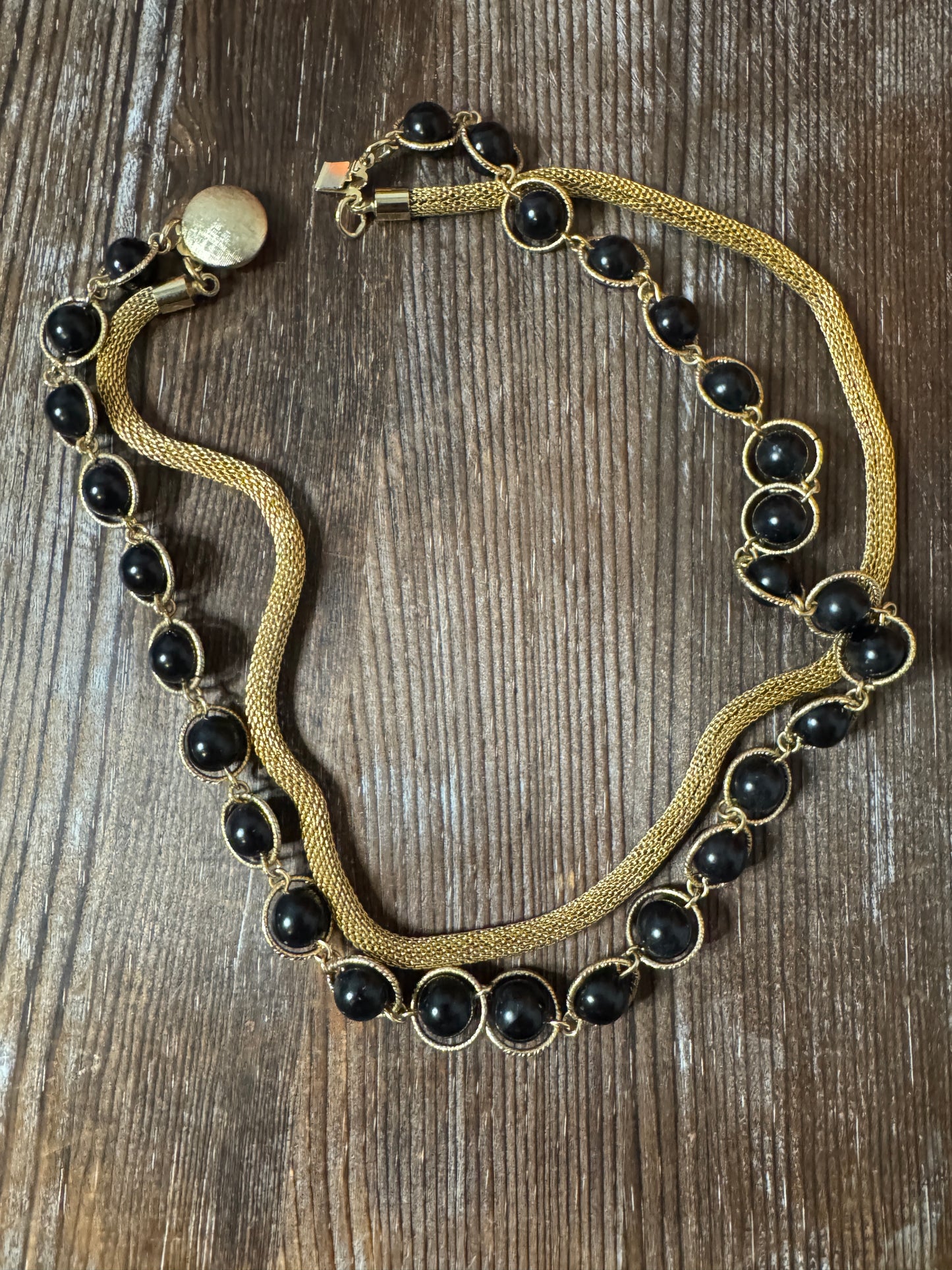 Vintage 50s 60s Necklace Double Strand Black Beaded Mesh