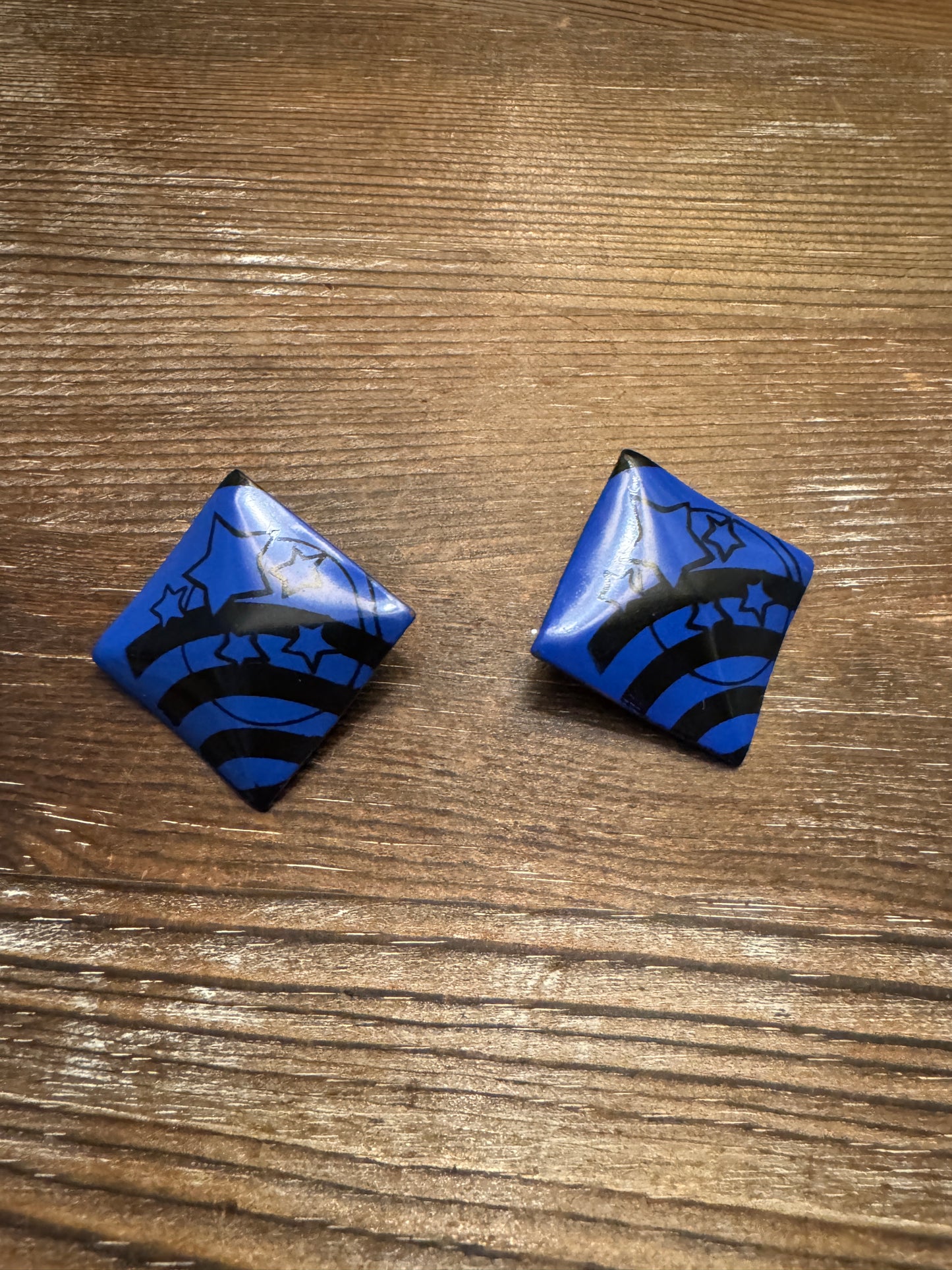 Vintage 1980s Blue & Black Square Earrings w Stars