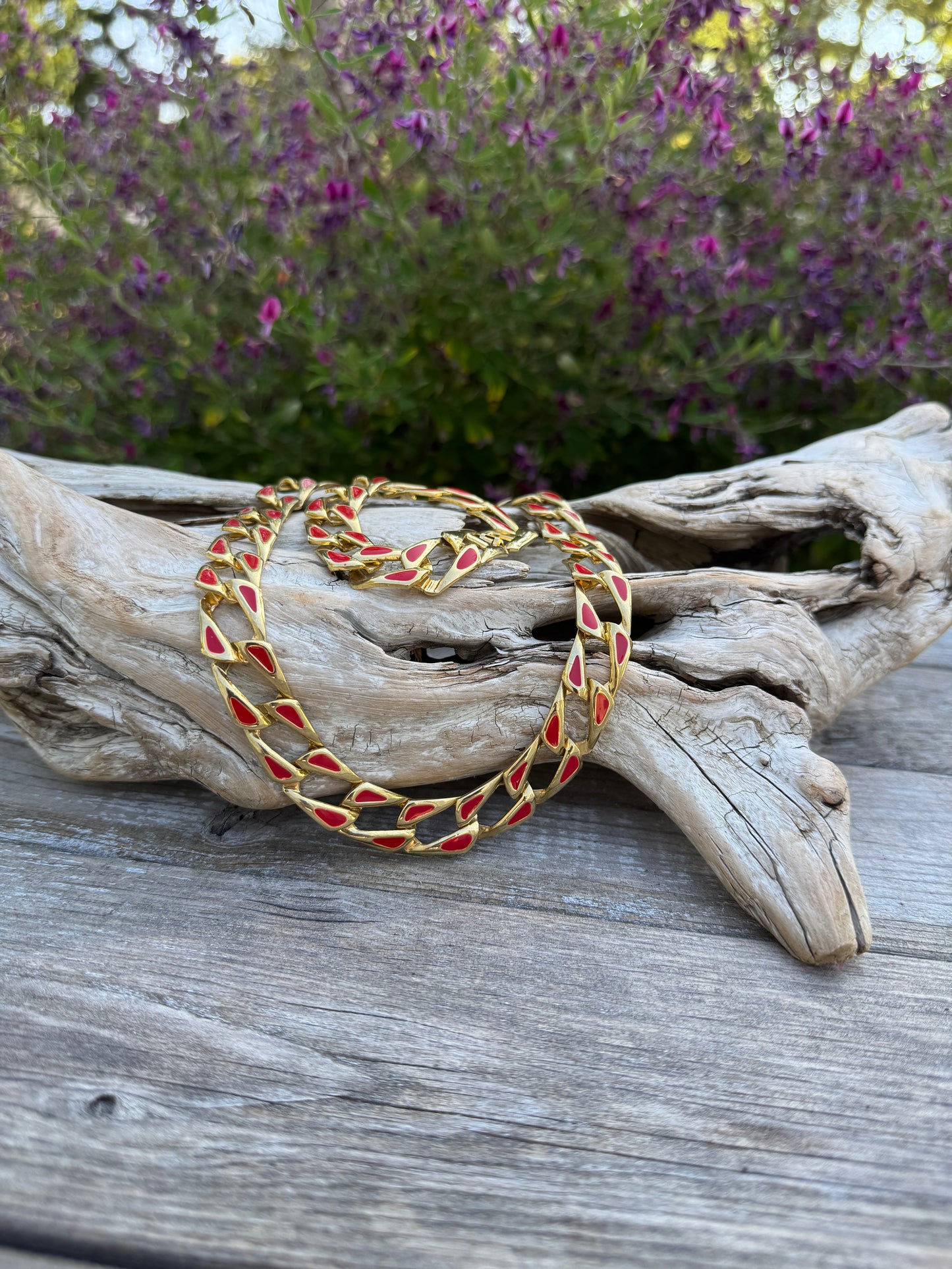 Vintage Red Enamel Gold Tone Chain Link Necklace - Designer Style Statement Jewelry