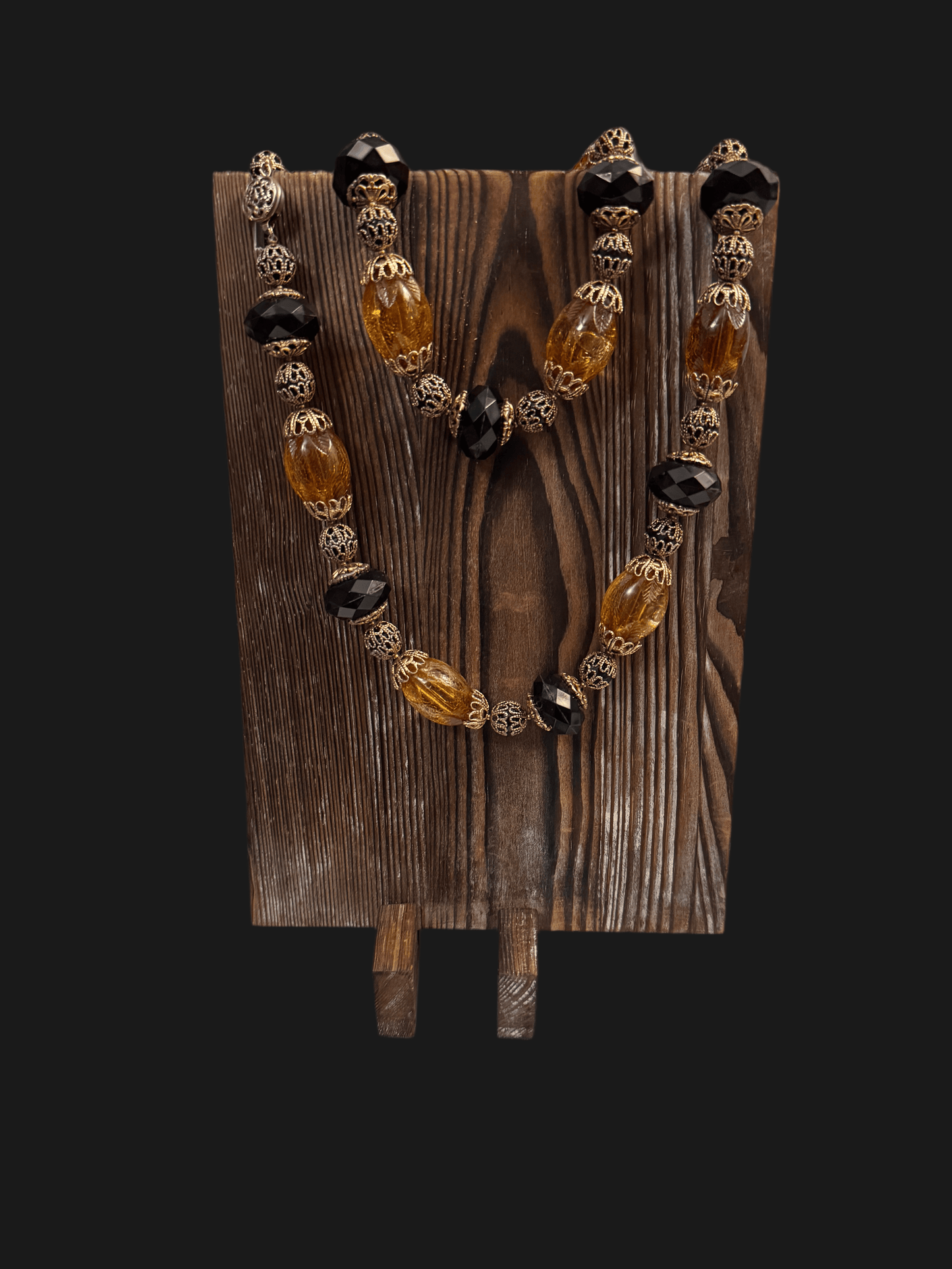 Vintage 60s 70s Amber Black Lucite Beaded Necklace Gold Filigree