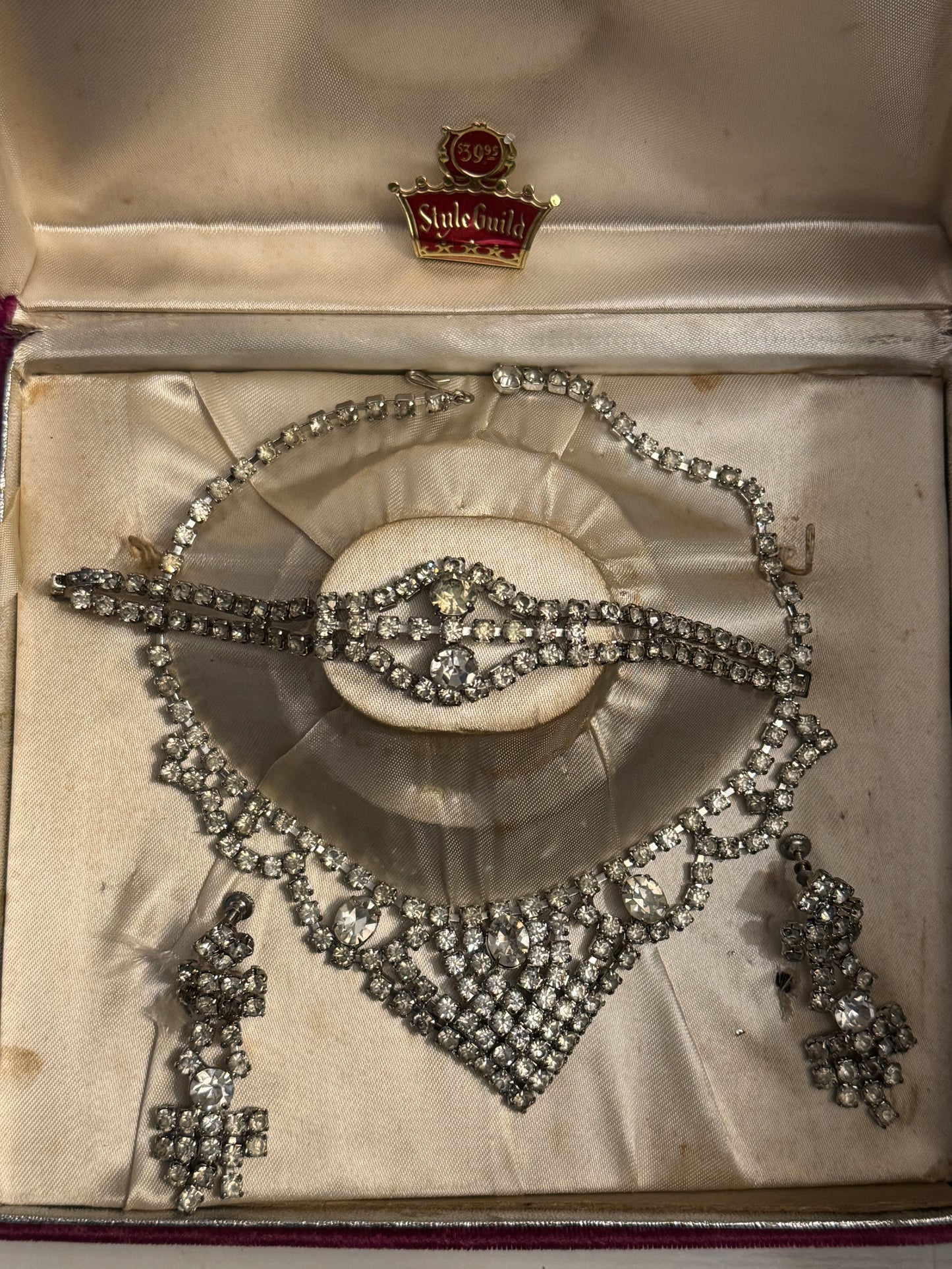 Vintage Style Guild Rhinestone Necklace Bracelet Earrings Set - 1950s Bib Parure Original Box