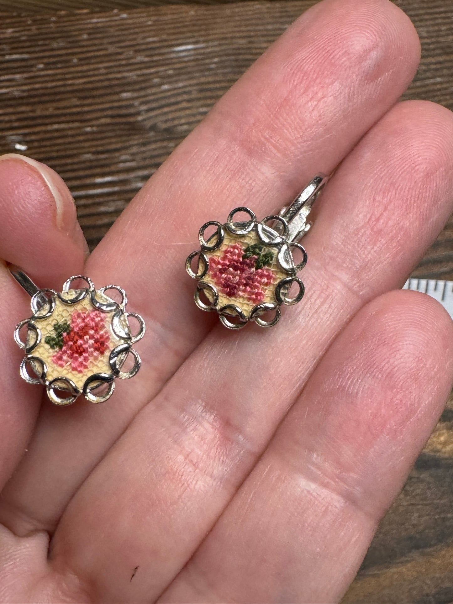 Vintage Petit Point Rose Brooch Earring Set Needlepoint Embroidered