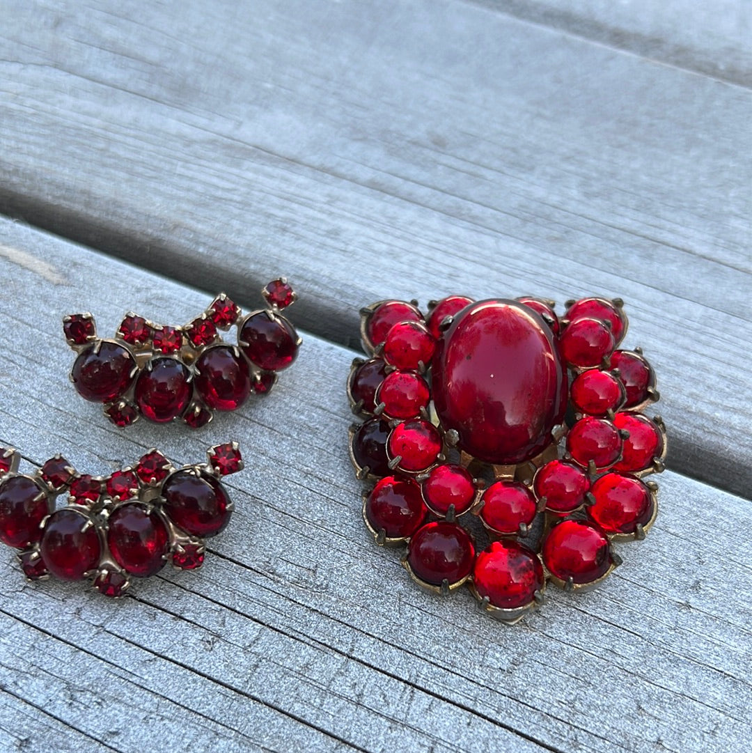 Vintage Red Beaded Dress Clip and Earring Set