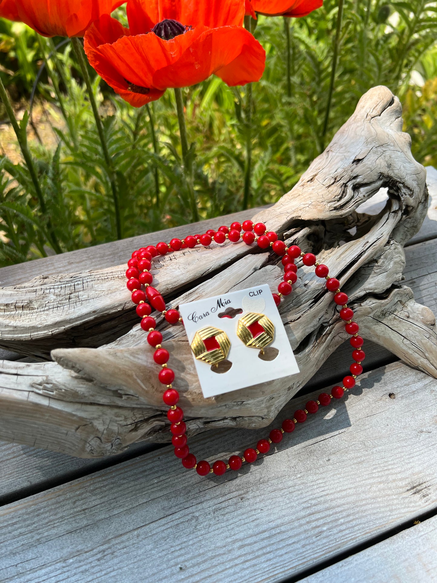Vintage Red Beaded Necklace + Earring