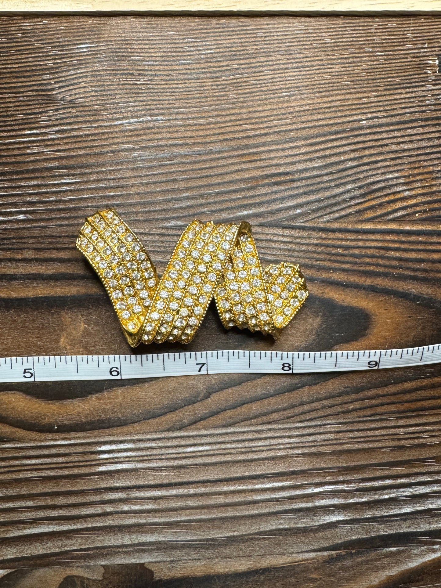 Vintage Ivana Rhinestone Ribbon Bow Brooch Pin Gold Tone Large Pave