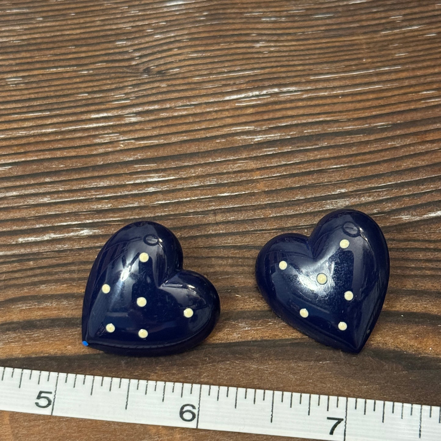 Vintage Navy Blue Enamel Heart Earrings Post Back Pearl Dots Preppy