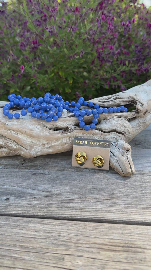 Vintage Blue Beaded Necklace & Earrings Set