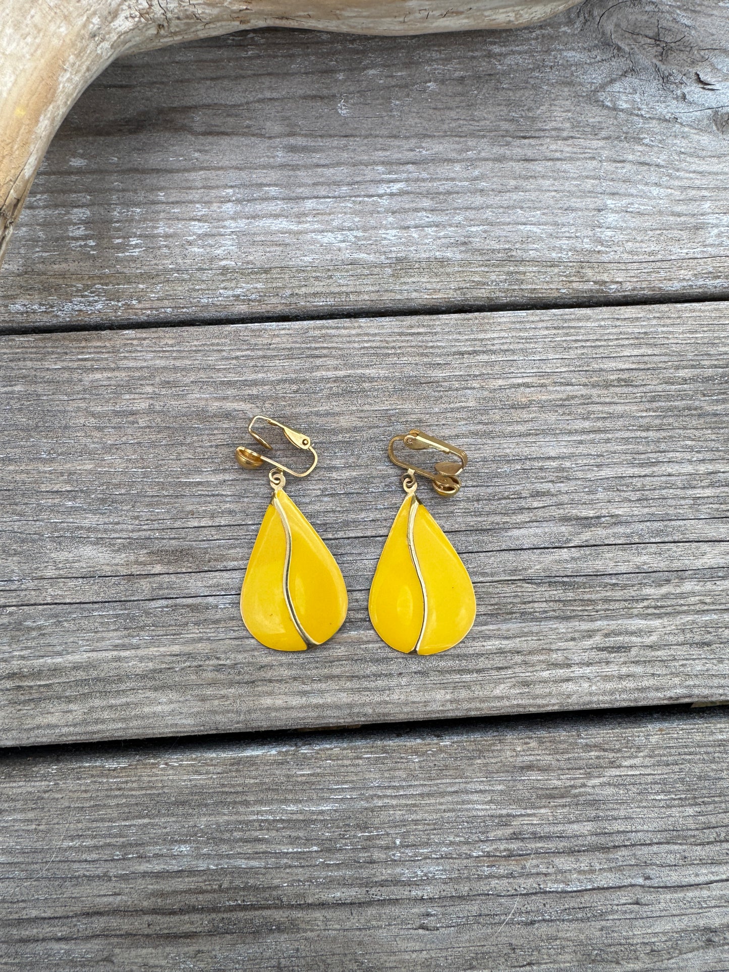 Vintage Enamel & Brass Clip Earrings in Bright Yellow