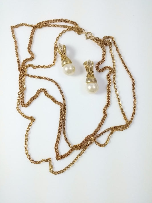 Vintage Jewelry Set 3 Strand Gold Tone Necklace and Pearl Drop Clip Earrings - Dirty 30 Vintage | Vintage Clothing, Vintage Jewelry, Vintage Accessories