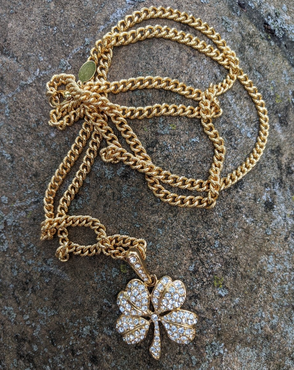 KJL Signed Rhinestone Four Leaf Clover Necklace - Dirty30 Vintage