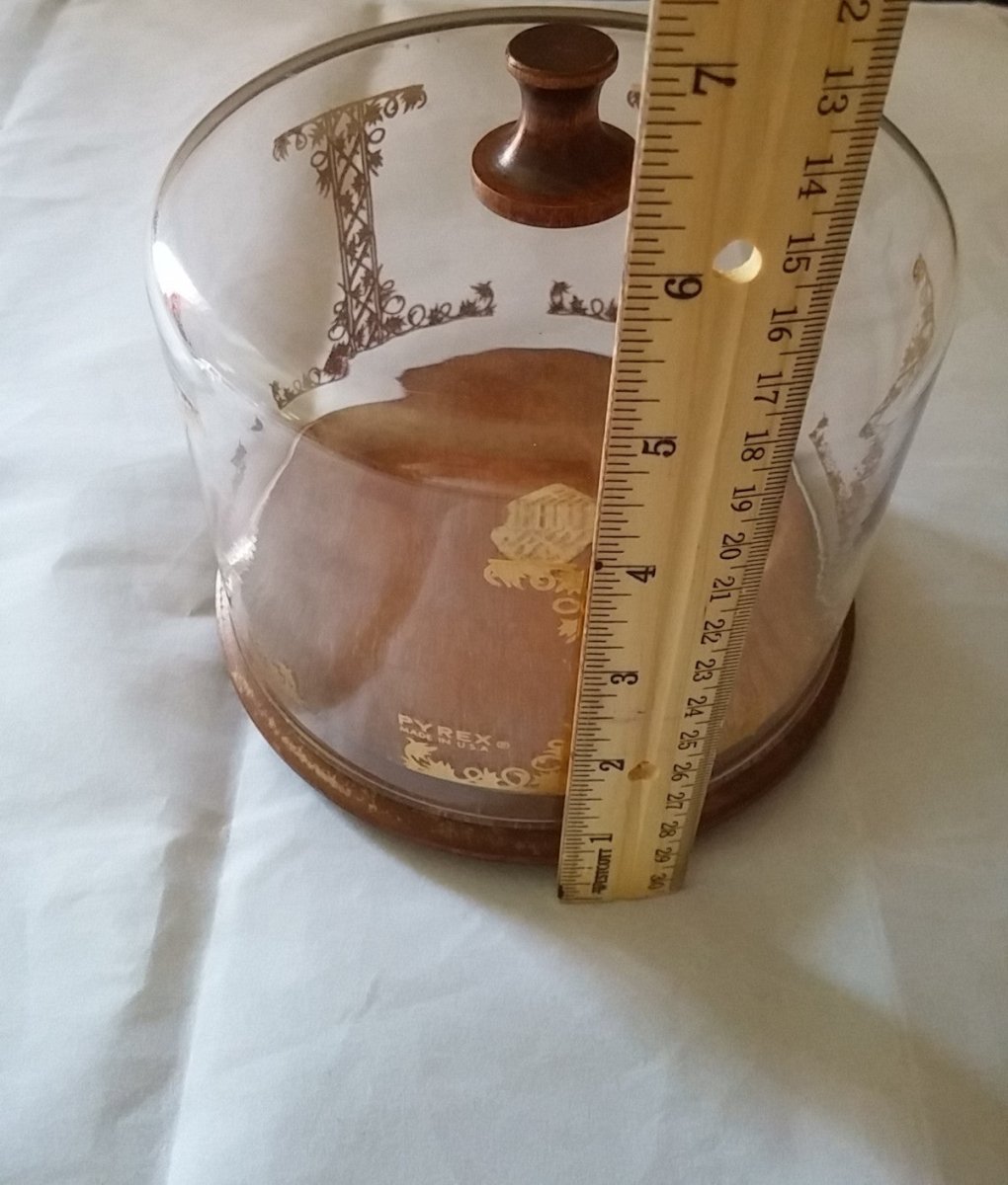 Vintage 1960's Pyrex Cheese Dish Glass Dome w/Gold Florentine Scroll Wood Base - Dirty30 Vintage