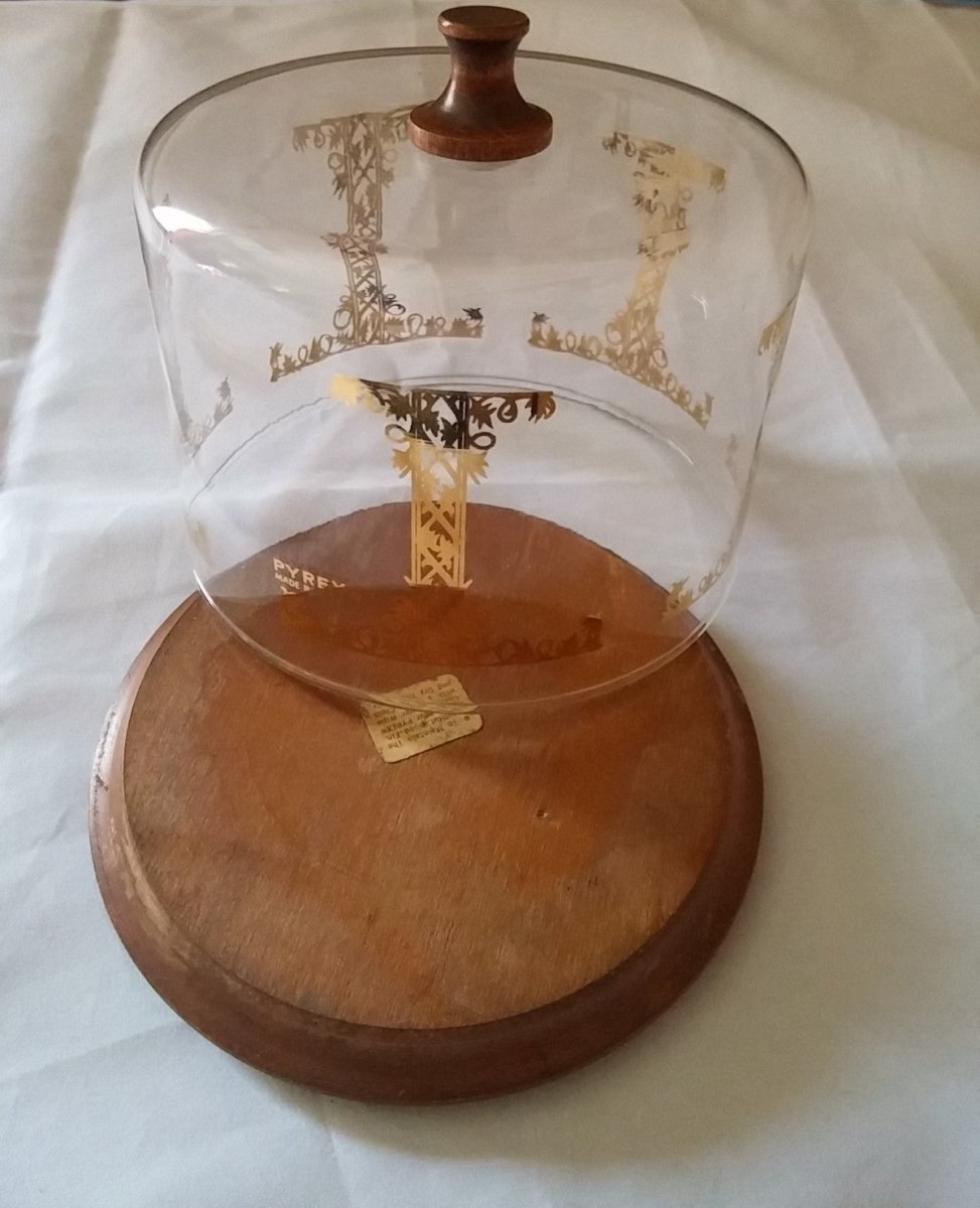 Vintage 1960's Pyrex Cheese Dish Glass Dome w/Gold Florentine Scroll Wood Base - Dirty30 Vintage