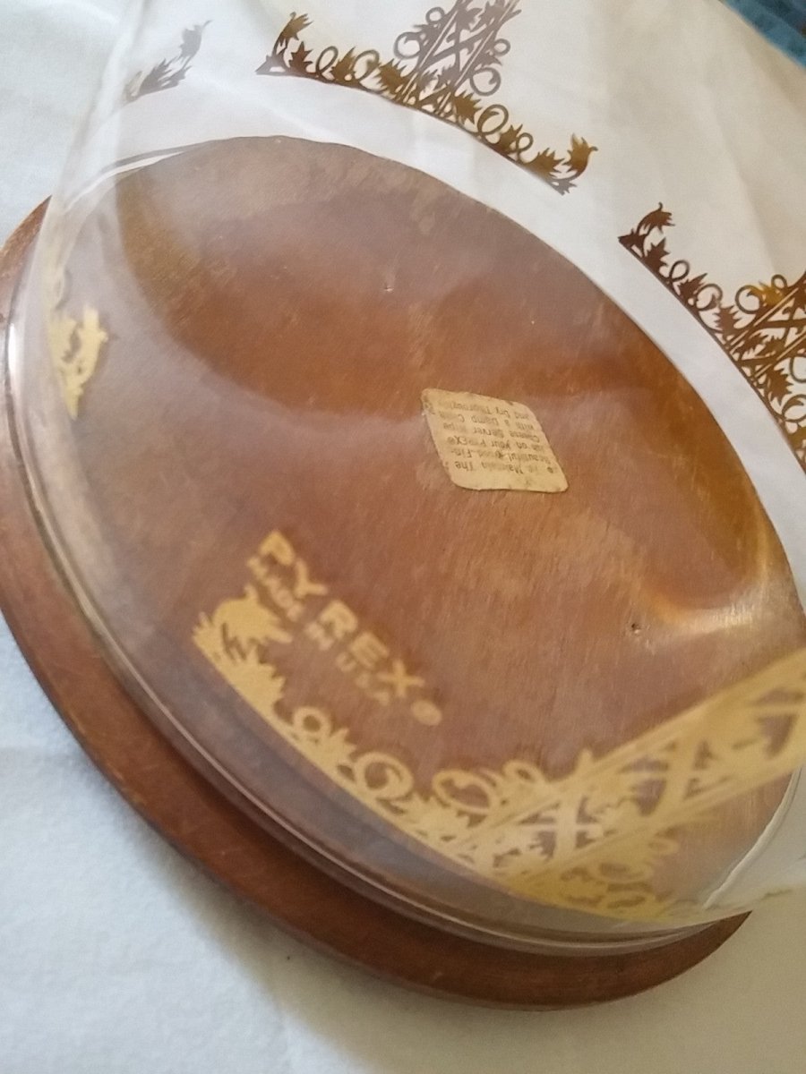 Vintage 1960's Pyrex Cheese Dish Glass Dome w/Gold Florentine Scroll Wood Base - Dirty30 Vintage