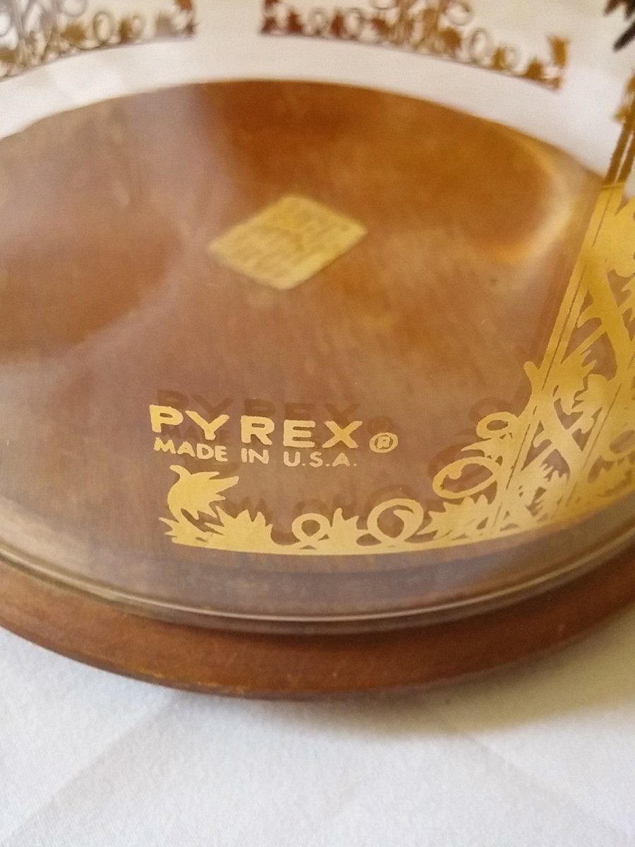 Vintage 1960's Pyrex Cheese Dish Glass Dome w/Gold Florentine Scroll Wood Base - Dirty30 Vintage