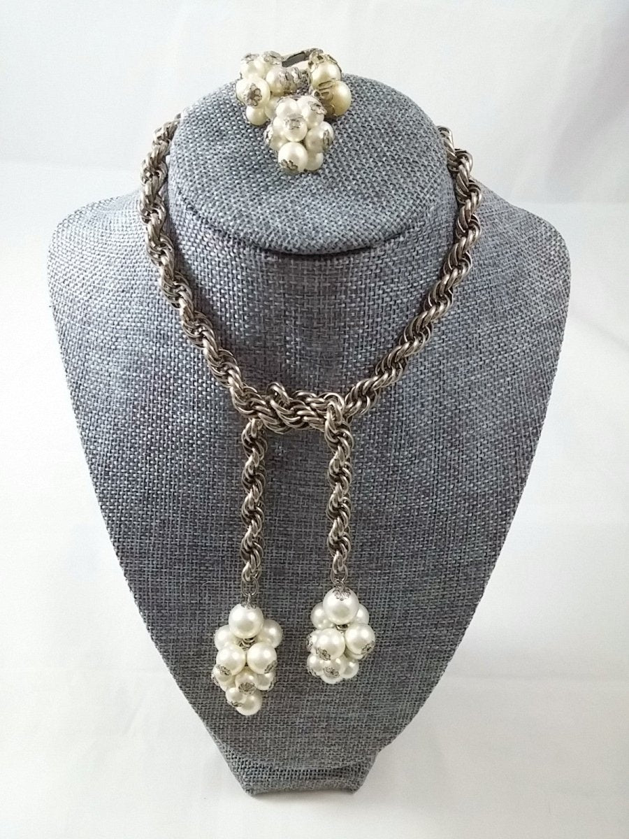 Vintage 30" Lariat Necklace w/ Pearl Clusters & Matching Earrings - Dirty30 Vintage