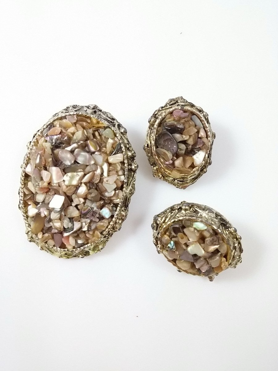 Vintage 50s 60s Chip Shell Demi Brooch and Clip Earrings - Dirty30 Vintage