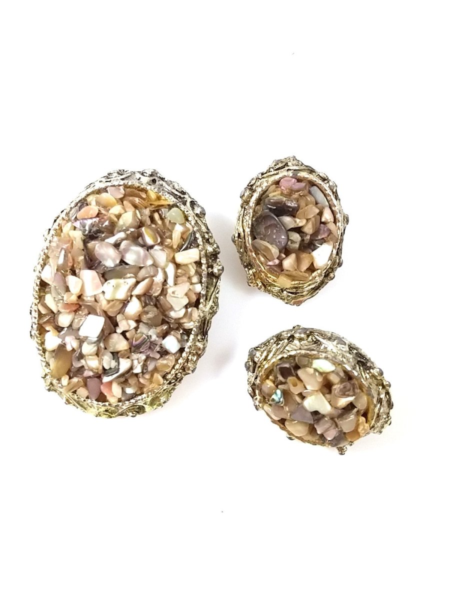Vintage 50s 60s Chip Shell Demi Brooch and Clip Earrings - Dirty30 Vintage