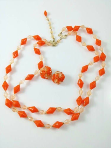 Vintage 50s 60s Hong Kong Demi Parure Double Strand Necklace & Earring Set - Dirty30 Vintage