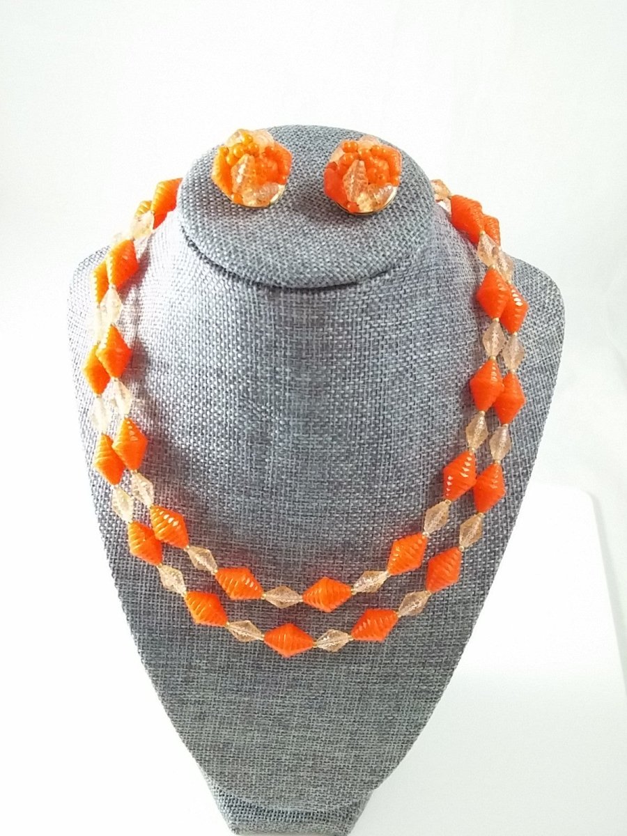 Vintage 50s 60s Hong Kong Demi Parure Double Strand Necklace & Earring Set - Dirty30 Vintage
