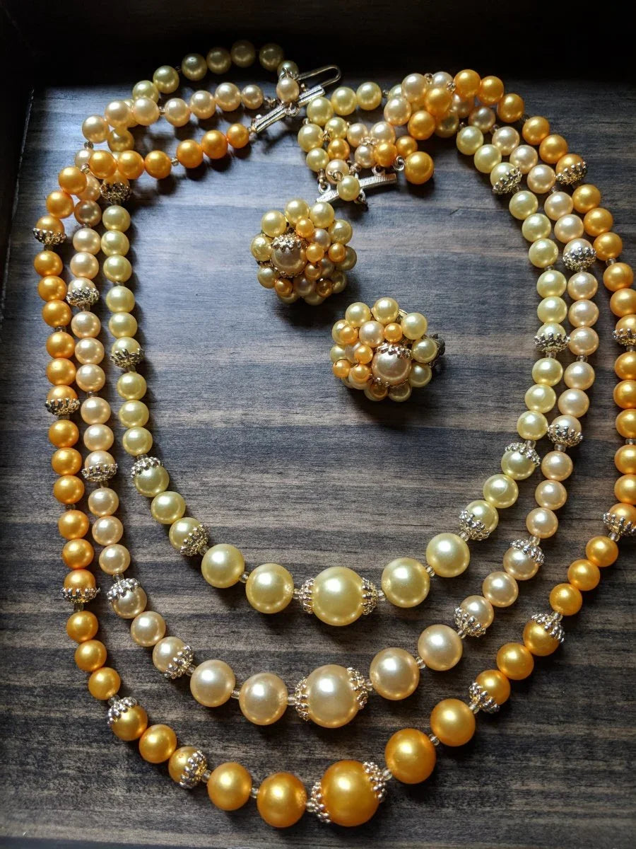 Vintage 50s 60s Multi Strand Necklace and Cluster Earrings Warm Yellow and Gold Tones - Dirty30 Vintage
