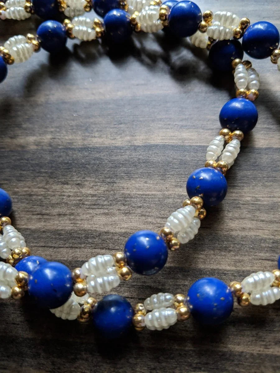 Vintage 50s 60s Necklace Fresh Water Pearl and Blue Beads w/ Gold Flecks - Dirty30 Vintage