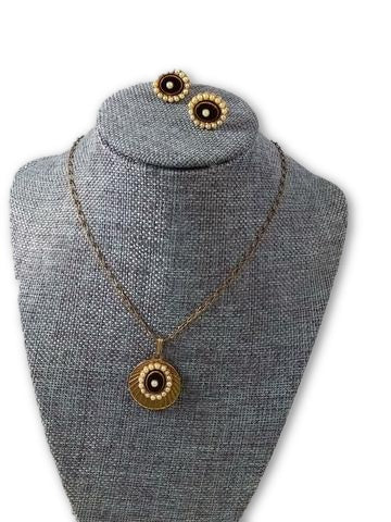Vintage 50s Necklace & Earring Set Brass Tone w/ Black Onyx and Seed Pearl Center - Dirty30 Vintage