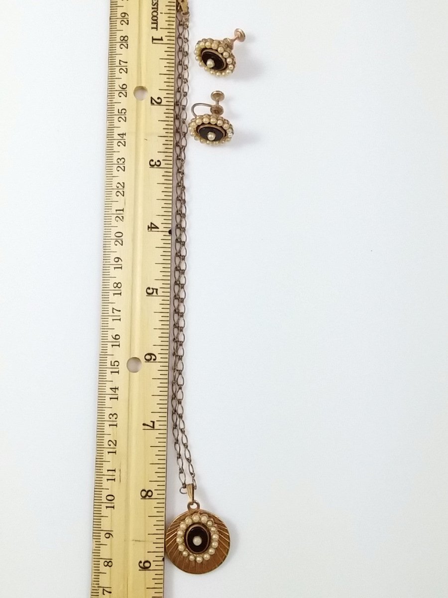 Vintage 50s Necklace & Earring Set Brass Tone w/ Black Onyx and Seed Pearl Center - Dirty30 Vintage