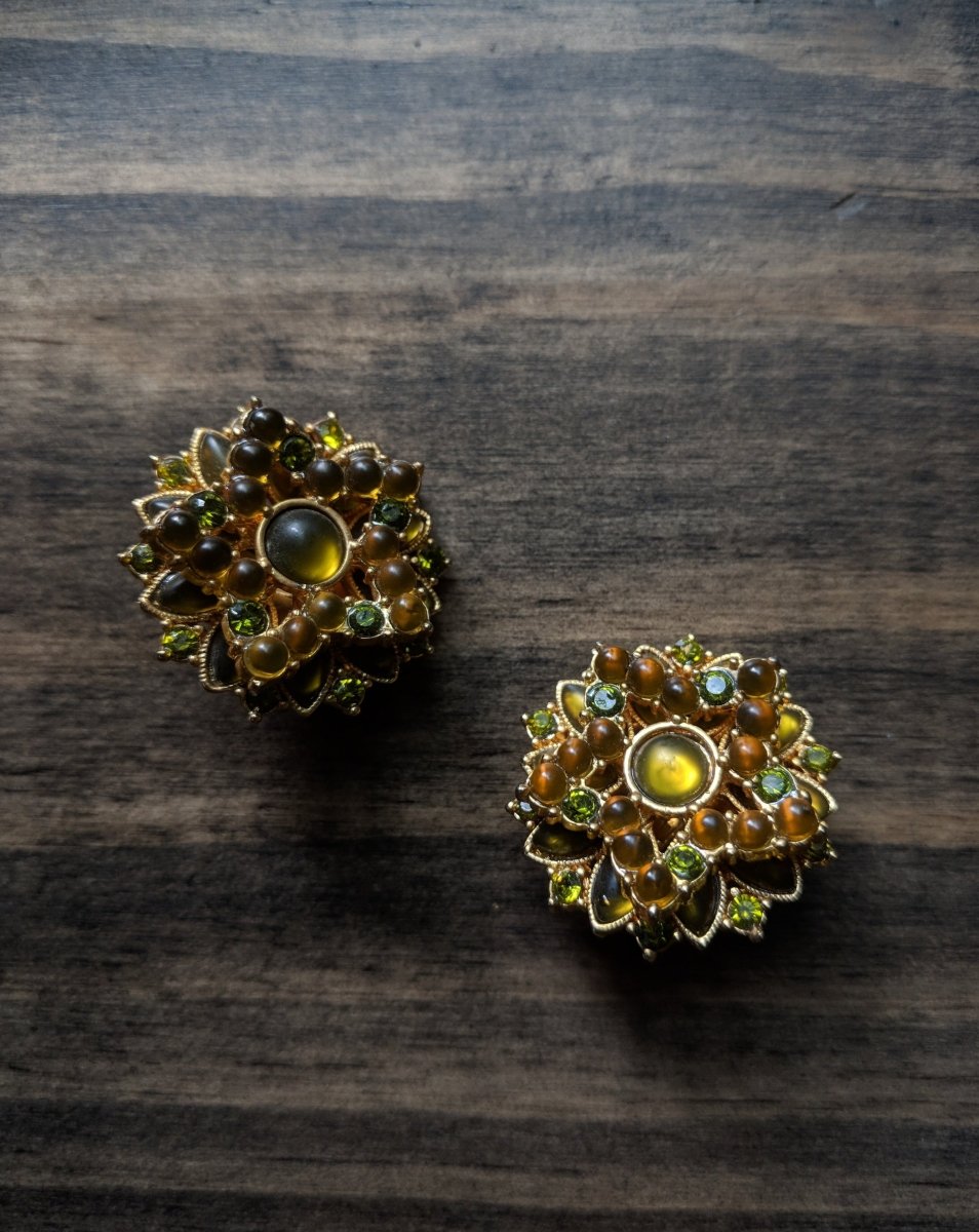 Vintage 60s Earrings Green & Gold Moon Glow Rhinestone Layered Star Clip Back - Dirty30 Vintage