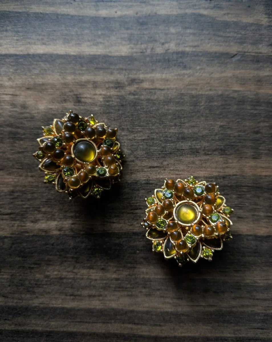 Vintage 60s Earrings Green & Gold Moon Glow Rhinestone Layered Star Clip Back - Dirty30 Vintage