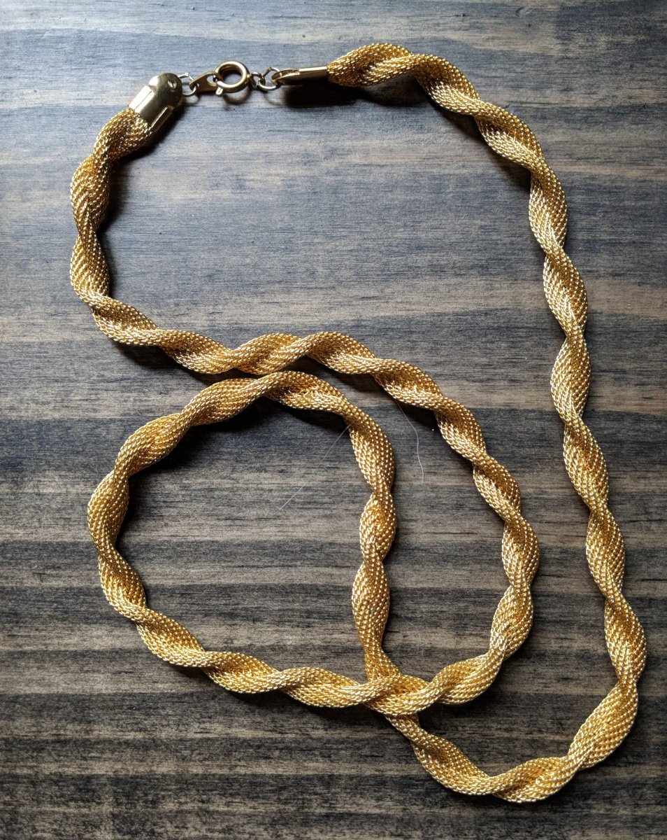 Vintage 70s 24" Necklace Gold Tone Twisted Mesh - Dirty30 Vintage