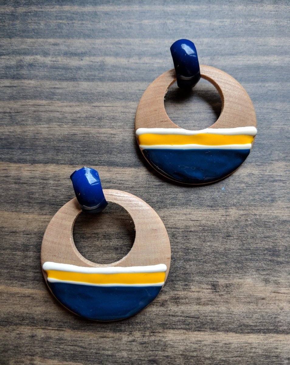 Vintage 80s/90s Circle Navy / Yellow Dangle Earrings - Dirty30 Vintage