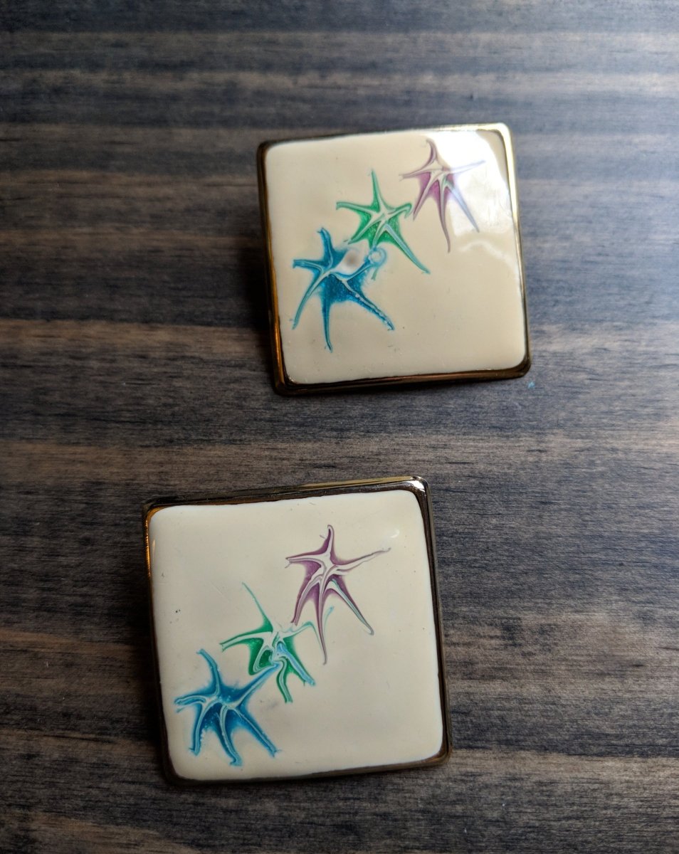 Vintage 80s/90s Square Abstract Enamel Earrings - Dirty30 Vintage