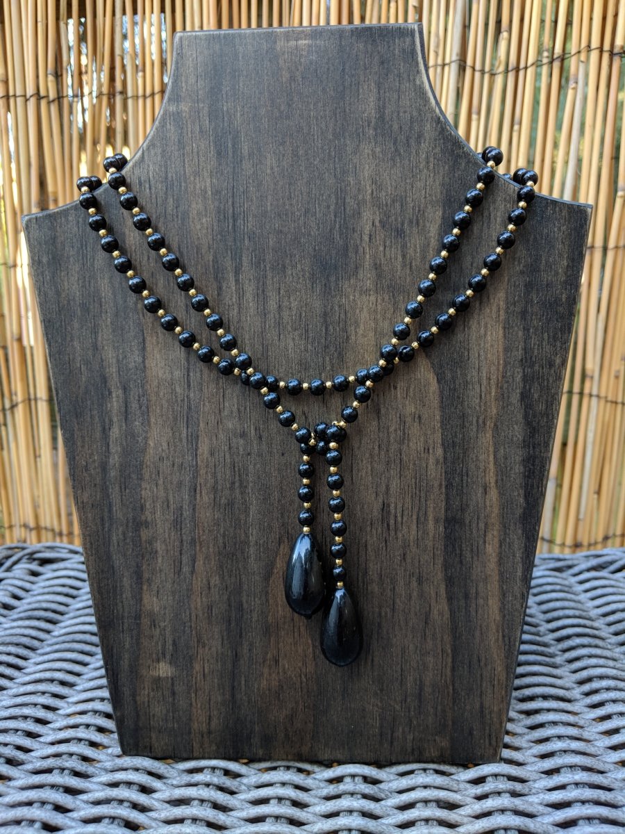 Vintage Beaded Lariat Black & Gold Necklace - Dirty30 Vintage