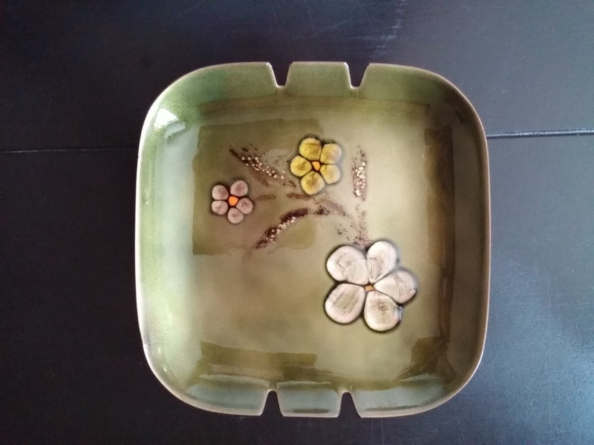 Vintage Bovano Ash Tray Enamel on Copper Mid Century Modern Ashtray Green w/ Flowers Square - Dirty30 Vintage