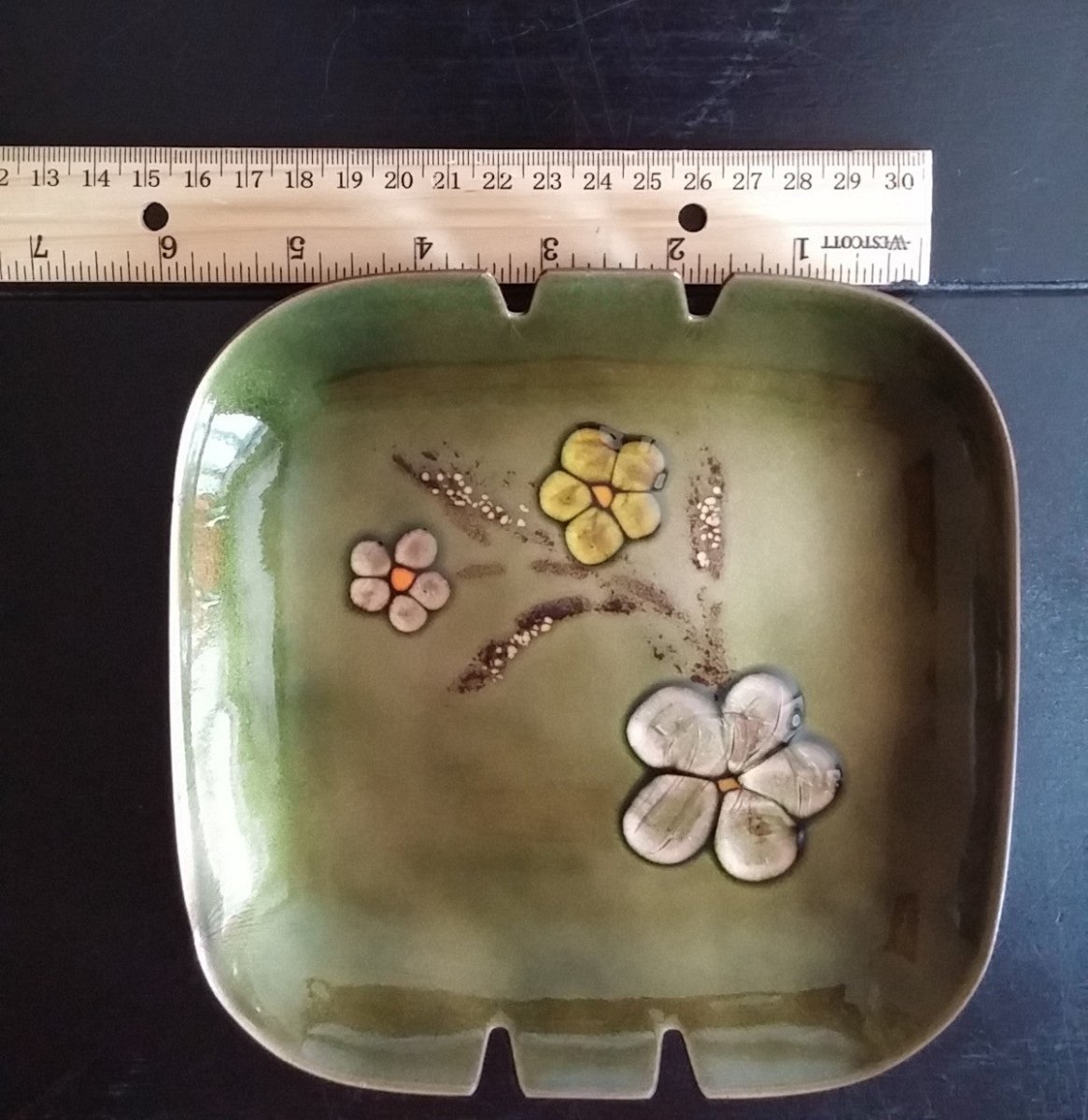 Vintage Bovano Ash Tray Enamel on Copper Mid Century Modern Ashtray Green w/ Flowers Square - Dirty30 Vintage