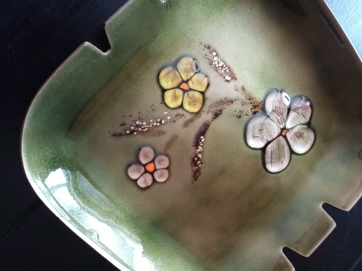 Vintage Bovano Ash Tray Enamel on Copper Mid Century Modern Ashtray Green w/ Flowers Square - Dirty30 Vintage
