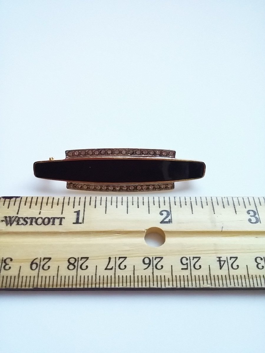Vintage Brooch Black Enamel Bar Art Deco Style with Rhinestone Accents - Dirty30 Vintage