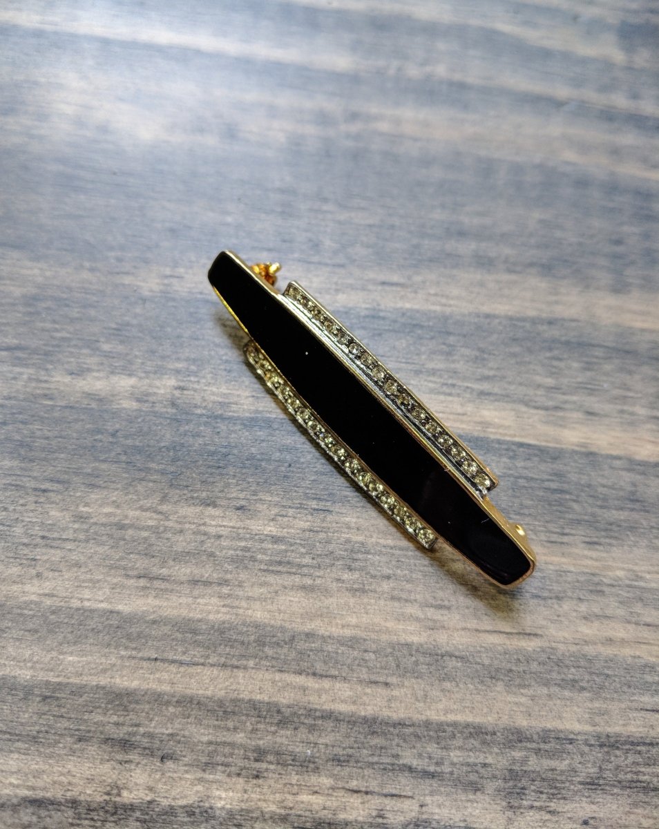 Vintage Brooch Black Enamel Bar Art Deco Style with Rhinestone Accents - Dirty30 Vintage