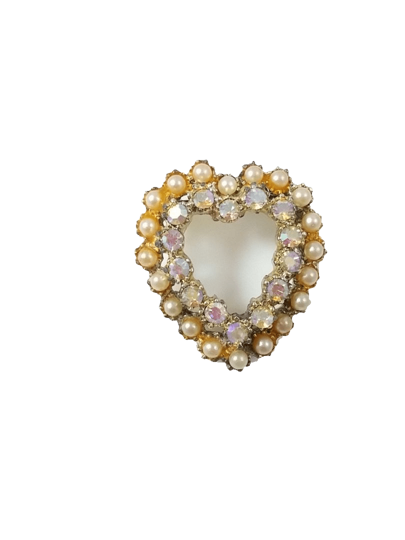 Vintage Brooch Heart Shape Faux Pearl and Aurora Borealis - Dirty30 Vintage