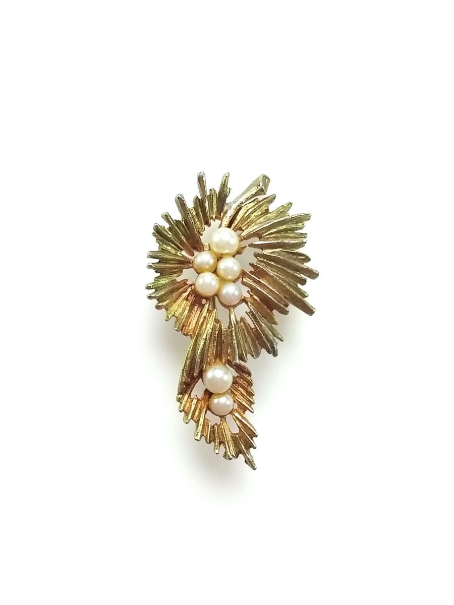 Vintage Brooch Mid Century Modern Abstract Two Tone Starburst Pearl Center - Dirty30 Vintage