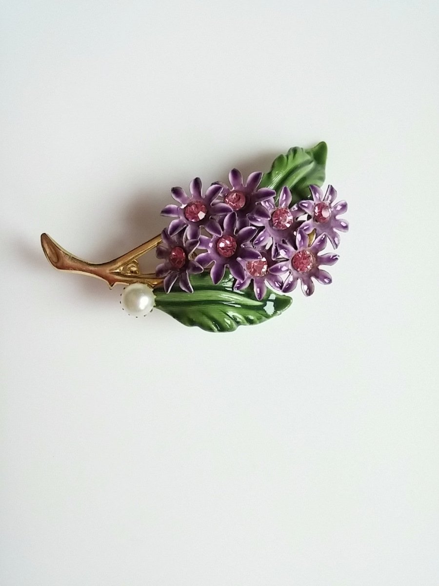 Vintage Brooch Purple Enamel Flower Bunch w/ Pink Rhinestone & Pearl Accent - Dirty30 Vintage